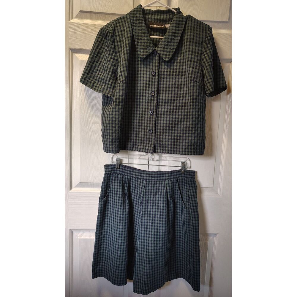 Vintage Sag Harbor Gingham Two-Piece Top & Shorts Green Plaid Set Size 10